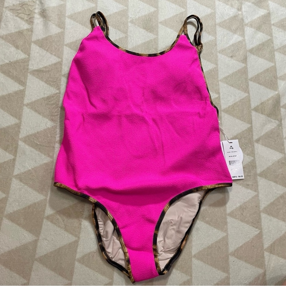 PQ Swim Anthropologie acai Reef Piped One Piece Swimsuit Pink Leopard